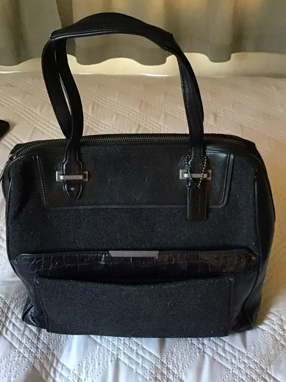 Coach Black Leather and Wool Briefcase with Croc-Trim Pocket